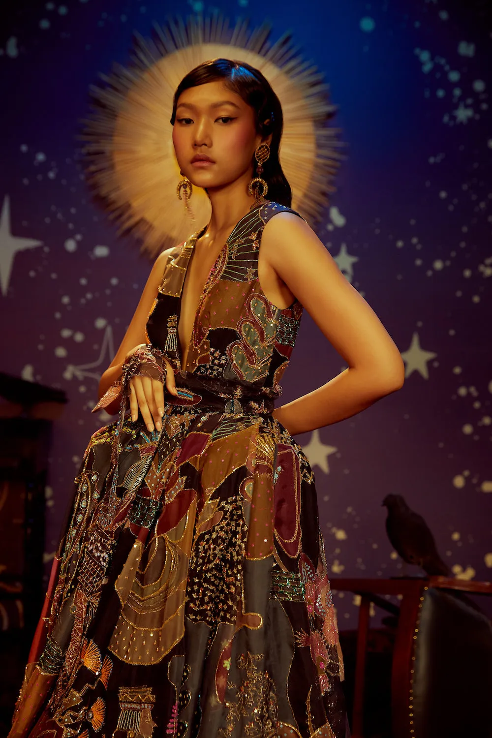 Dark Printed Embellished Gown