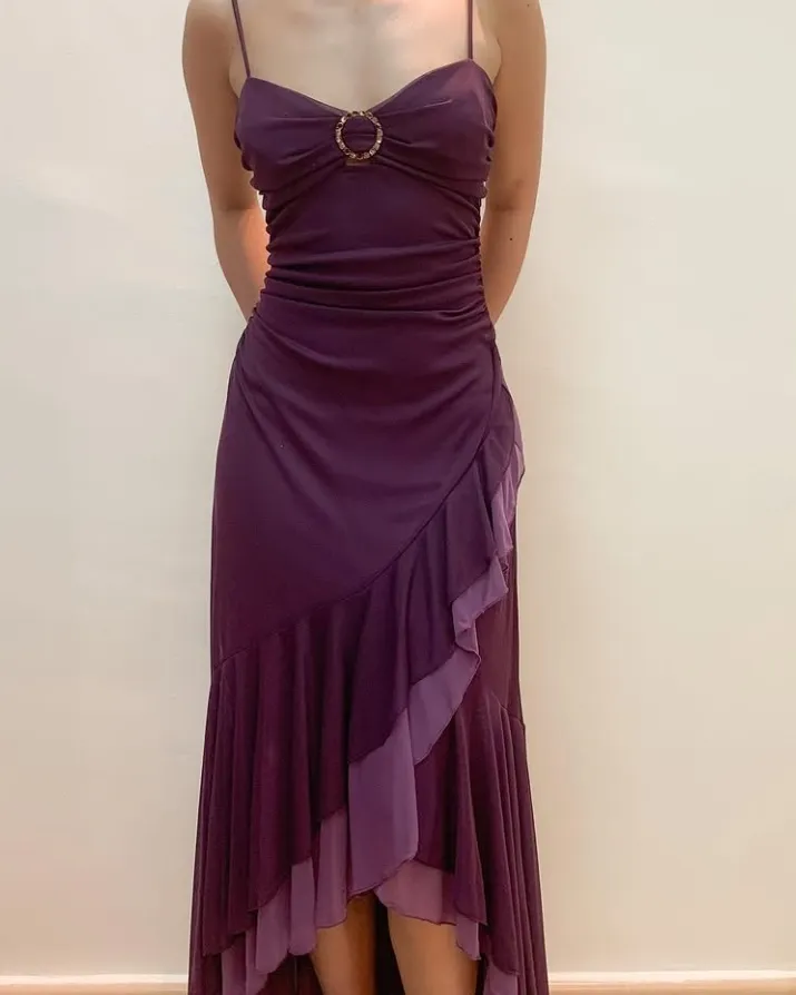 Dark Purple Spaghetti Straps Ruffles Vintage Long Prom Dress, DP3747