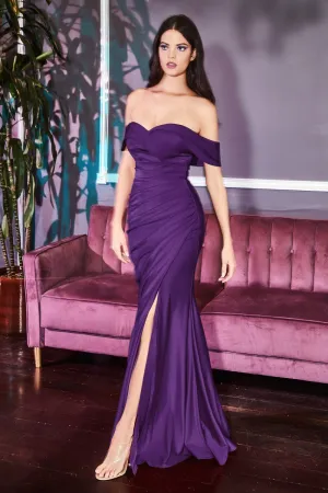 Dawn Bridesmaid Dress with Off the Shoulder Collar with Skirt Slit 7401050WR-Eggplant