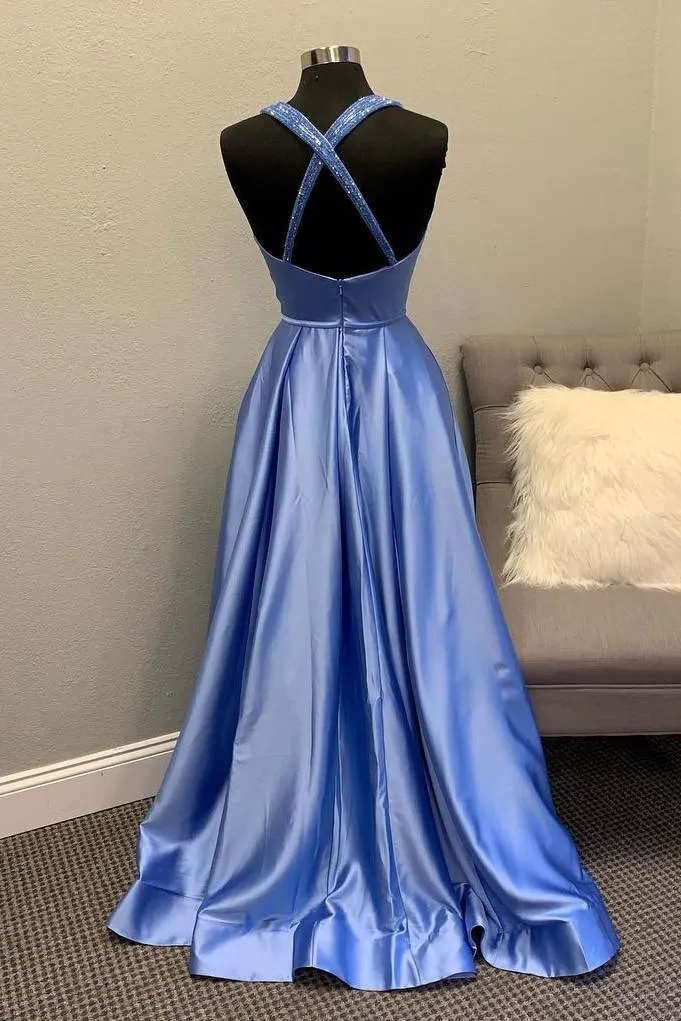 Deep Neckline Satin Prom Gowns with Beaded X Back