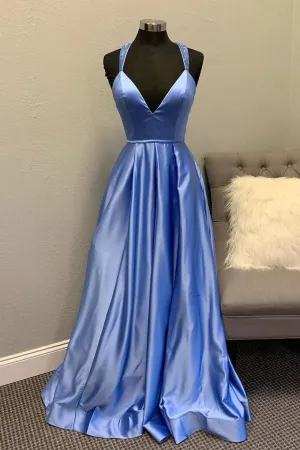 Deep Neckline Satin Prom Gowns with Beaded X Back
