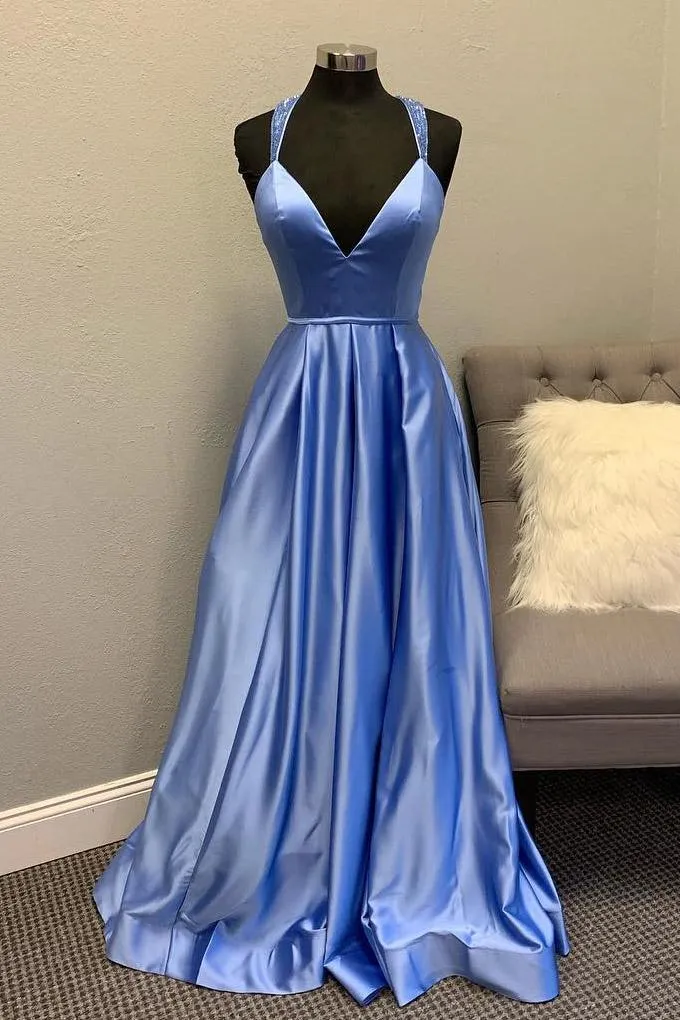 Deep Neckline Satin Prom Gowns with Beaded X Back