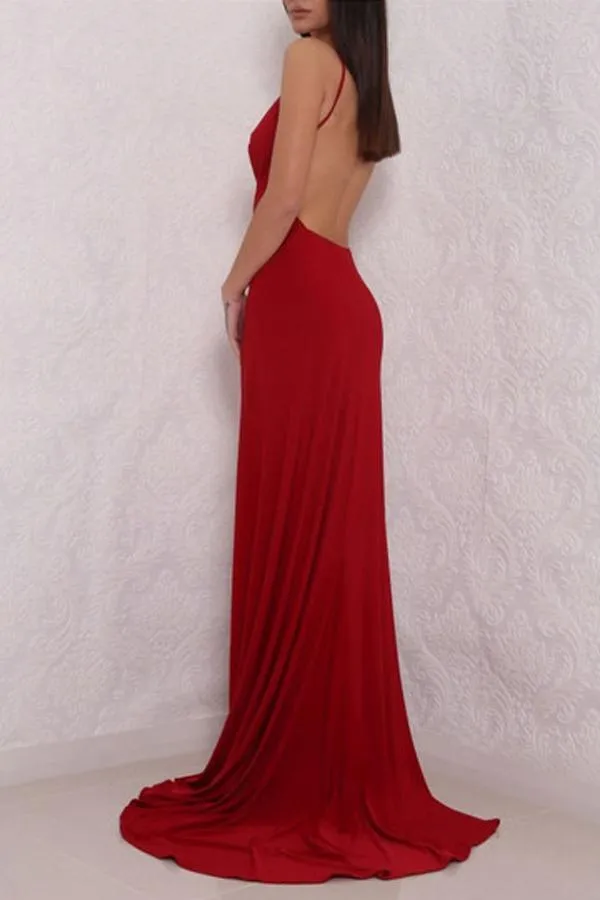 Deep V Neck High Slit Backless Red  Prom Dresses Evening Dresses PG466