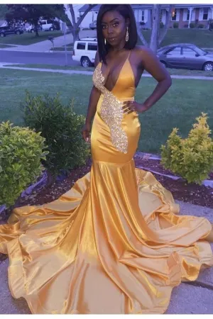 Deep V-neckline Yellow Prom Dresses Beads Bodice