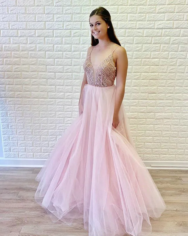 Delicate Pink Tulle Prom Dresses with Spaghetti Straps Beaded Bodice Long Pageant Gowns