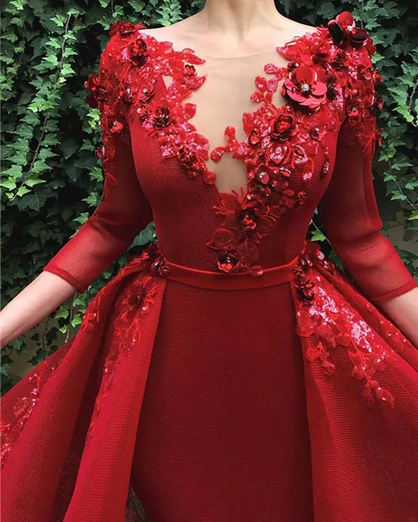 Delicate Red Prom Dresses with 3D Flowers Sexy V Neck Party Gowns for Women
