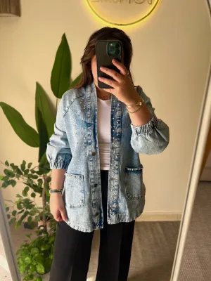 Denim Pearl Embroidered Kimono Jacket