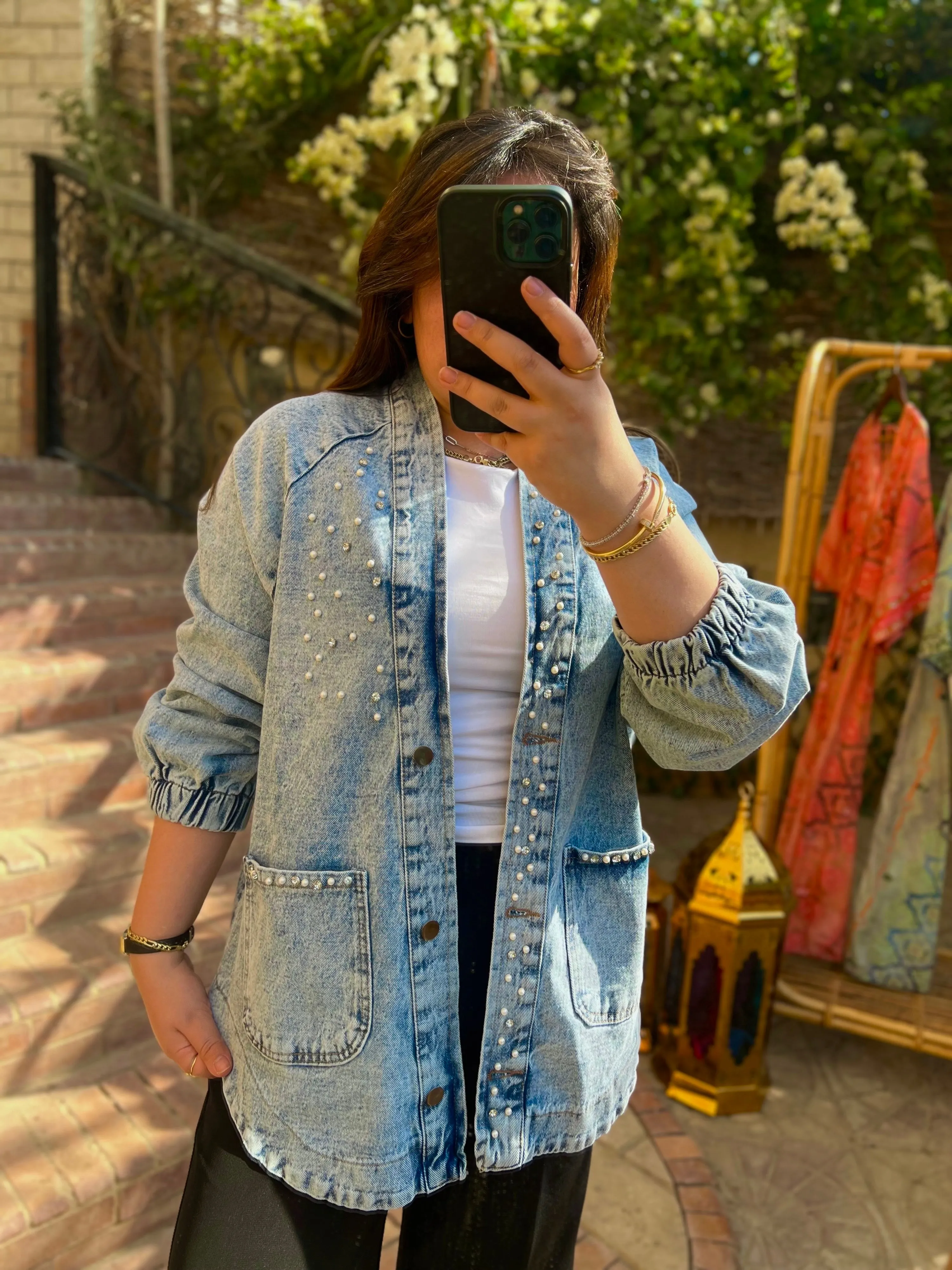Denim Pearl Embroidered Kimono Jacket