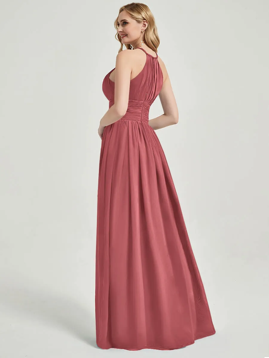 Desert Rose Pleated Halter Sleeveless Maxi Chiffon Bridesmaid Dress