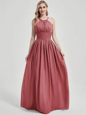 Desert Rose Pleated Halter Sleeveless Maxi Chiffon Bridesmaid Dress