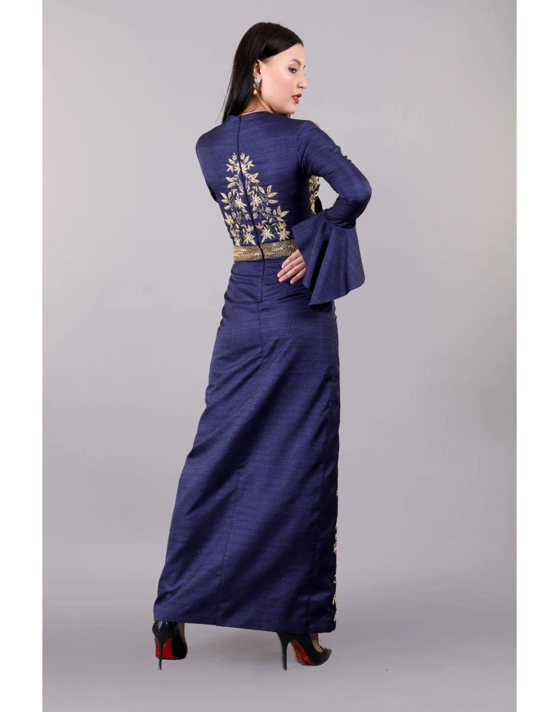 Designer Rashika's Dark Blue Golden Embroidered Clement Gowns - Rent