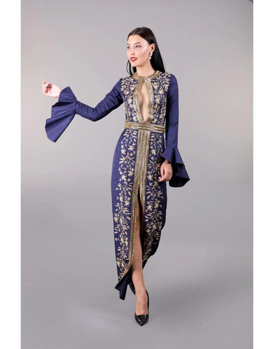 Designer Rashika's Dark Blue Golden Embroidered Clement Gowns - Rent