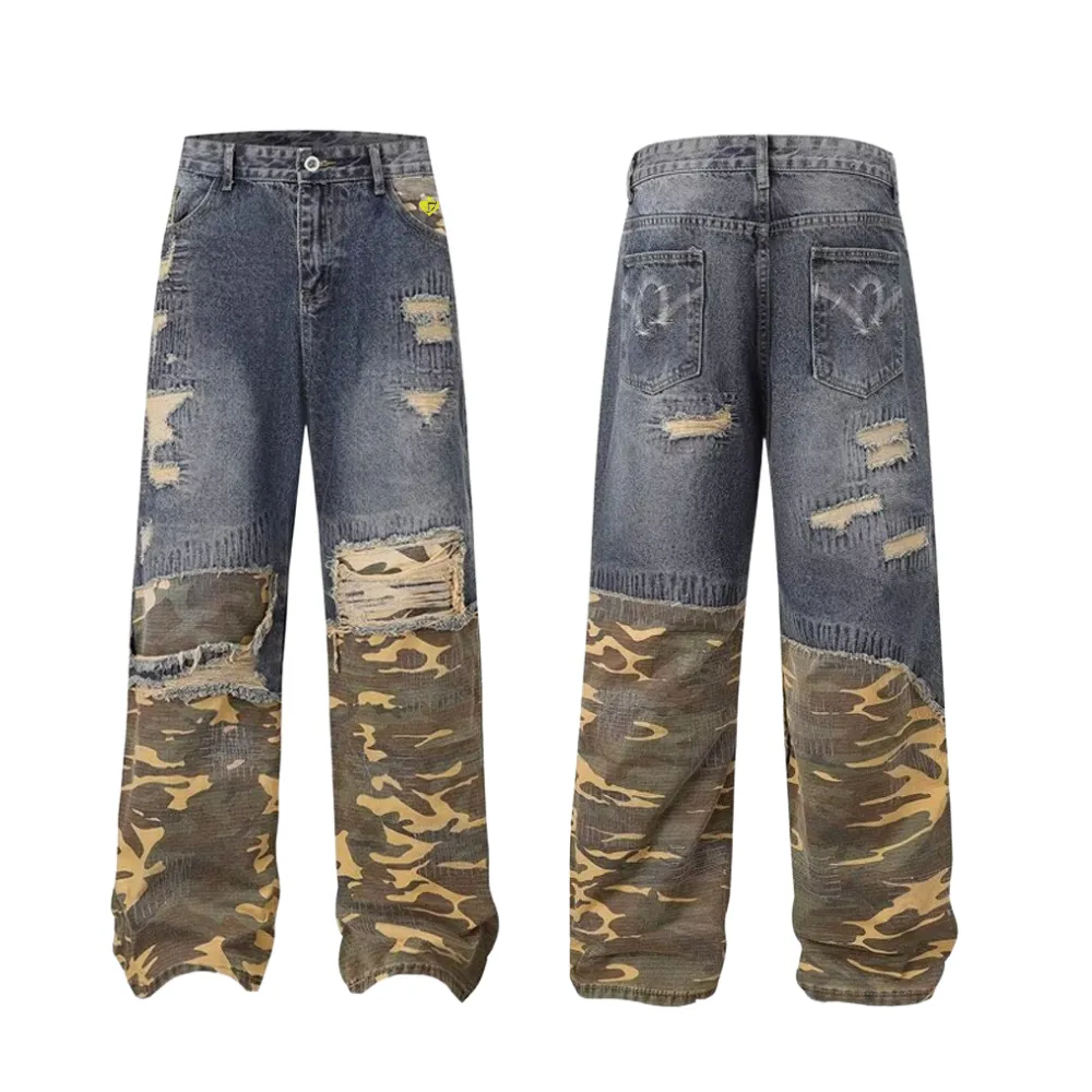 DF|Distressed Camouflage Panel Jeans