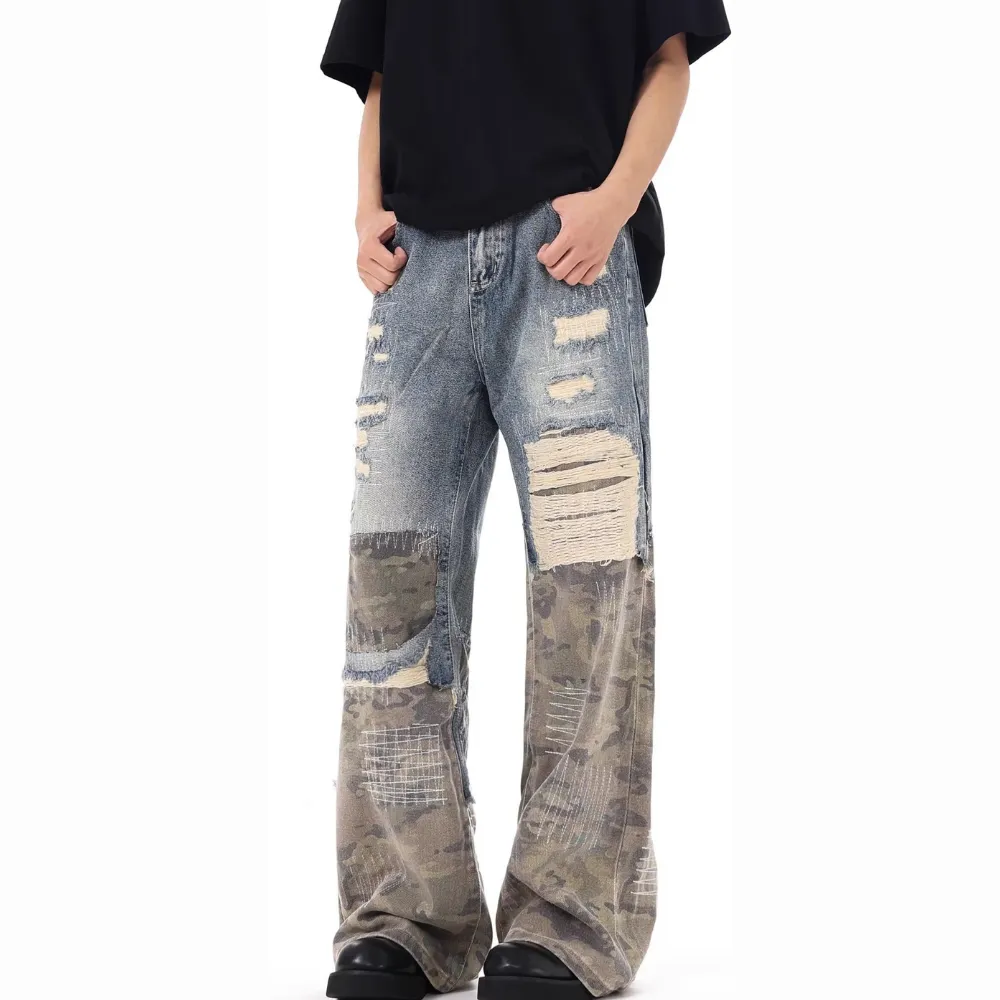 DF|Distressed Camouflage Panel Jeans