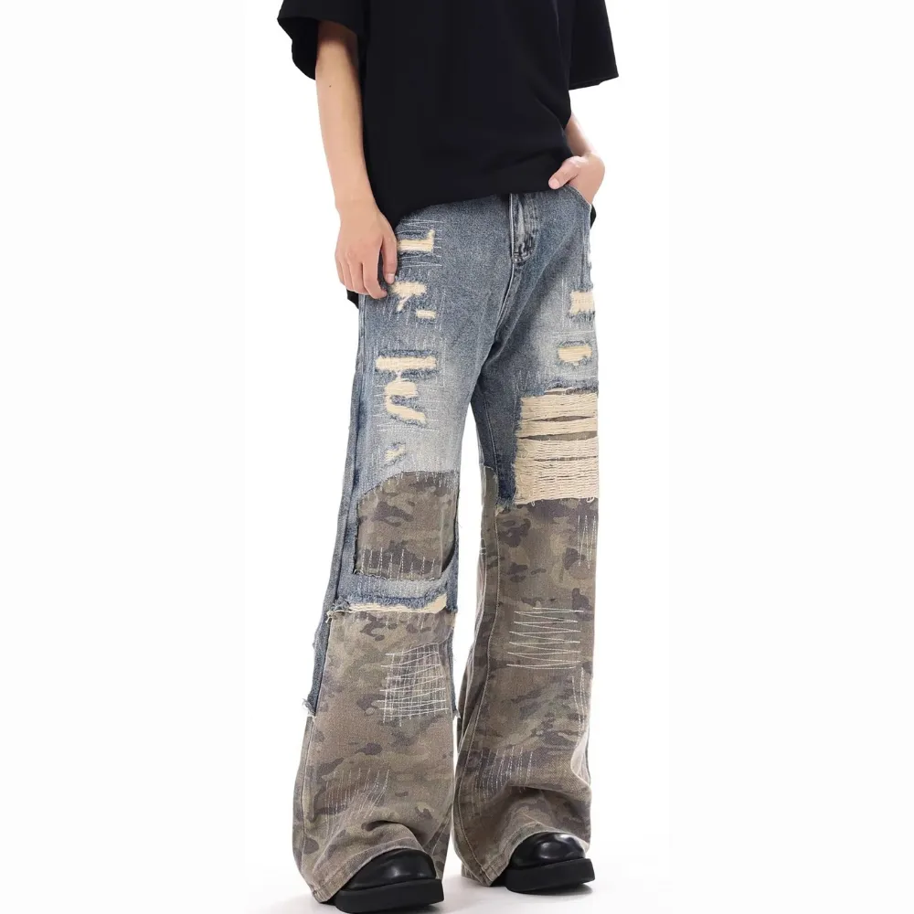 DF|Distressed Camouflage Panel Jeans