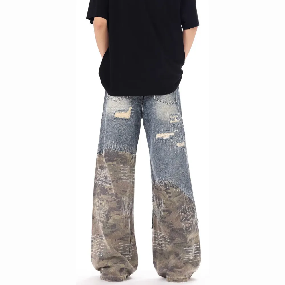 DF|Distressed Camouflage Panel Jeans