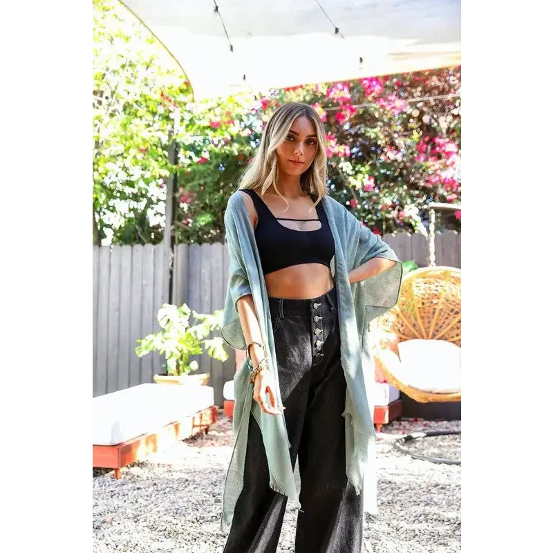 Diamond Embroidered Frayed Edge Kimono