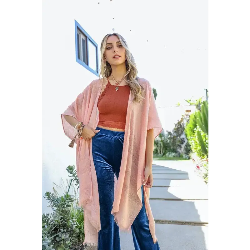 Diamond Embroidered Frayed Edge Kimono