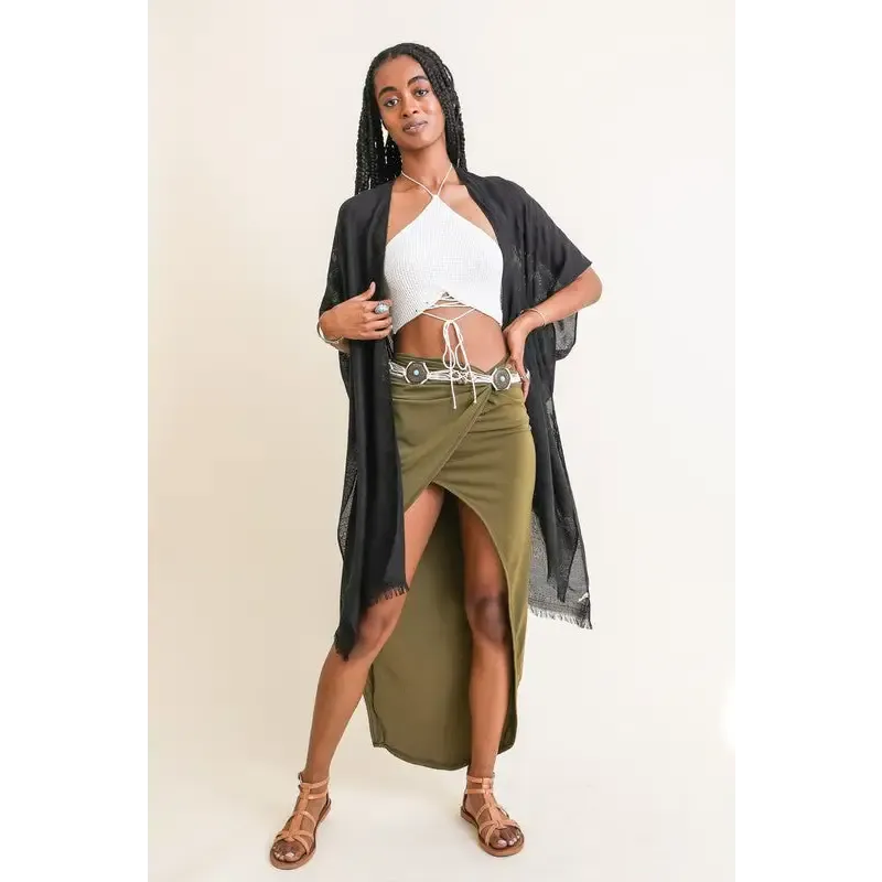 Diamond Embroidered Frayed Edge Kimono