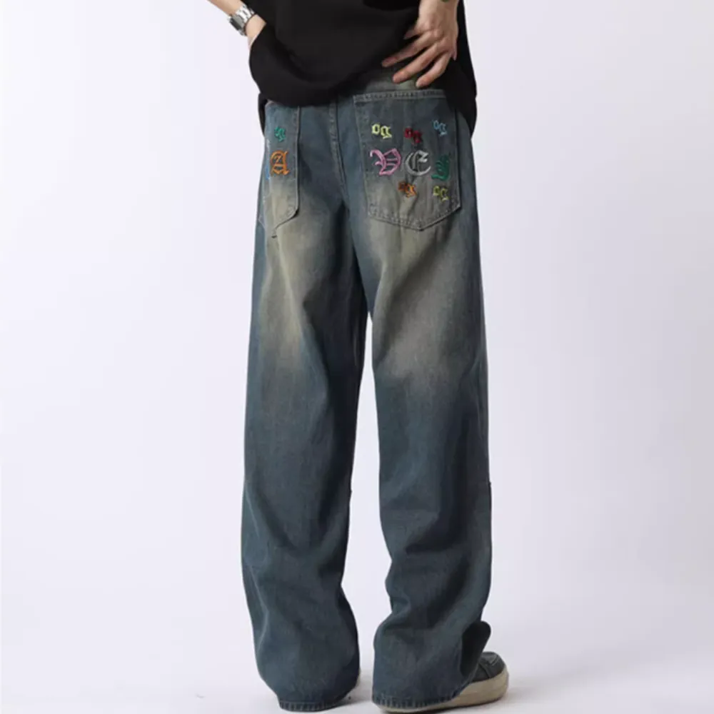 Distressed 3D Embroidered Whisker Jeans