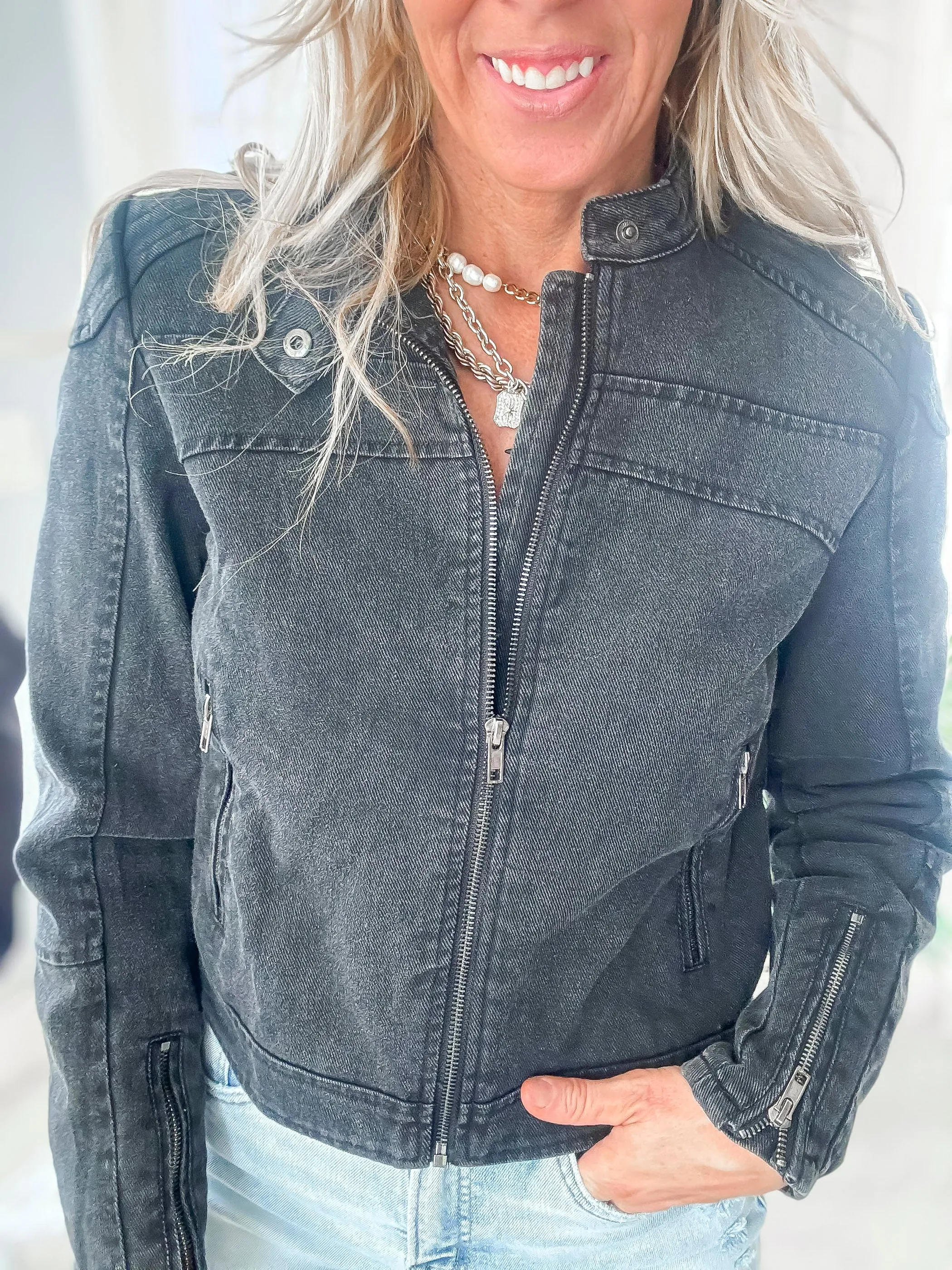 Distressed Denim Biker Jacket