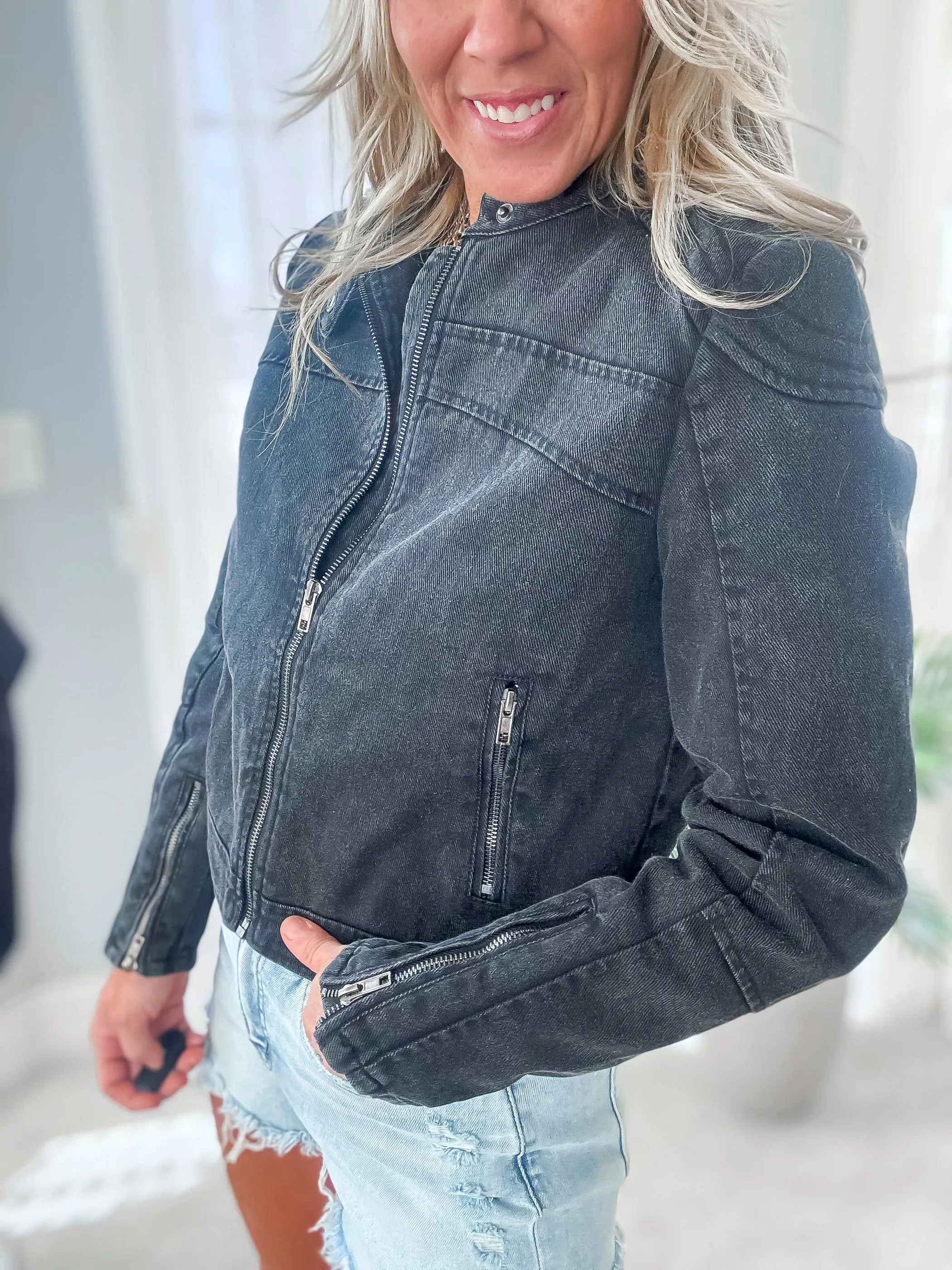 Distressed Denim Biker Jacket