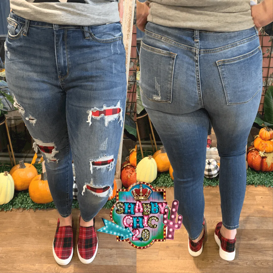 Distressed with Buffalo Plaid Judy Blue Jeans