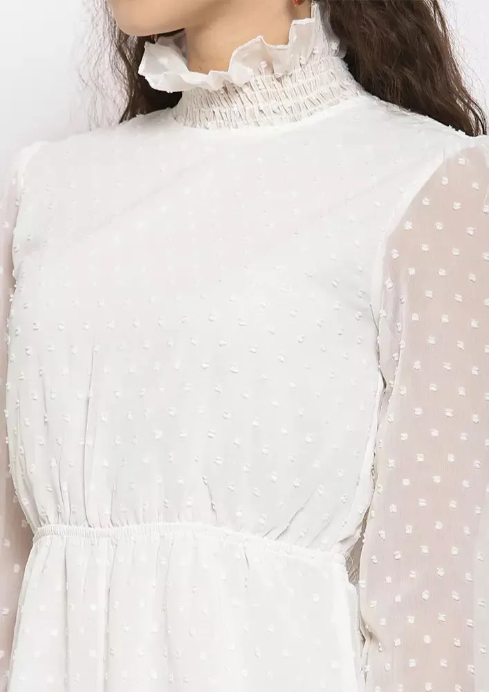 Dobby High Neck Romper With Smocking Trims