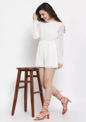 Dobby High Neck Romper With Smocking Trims