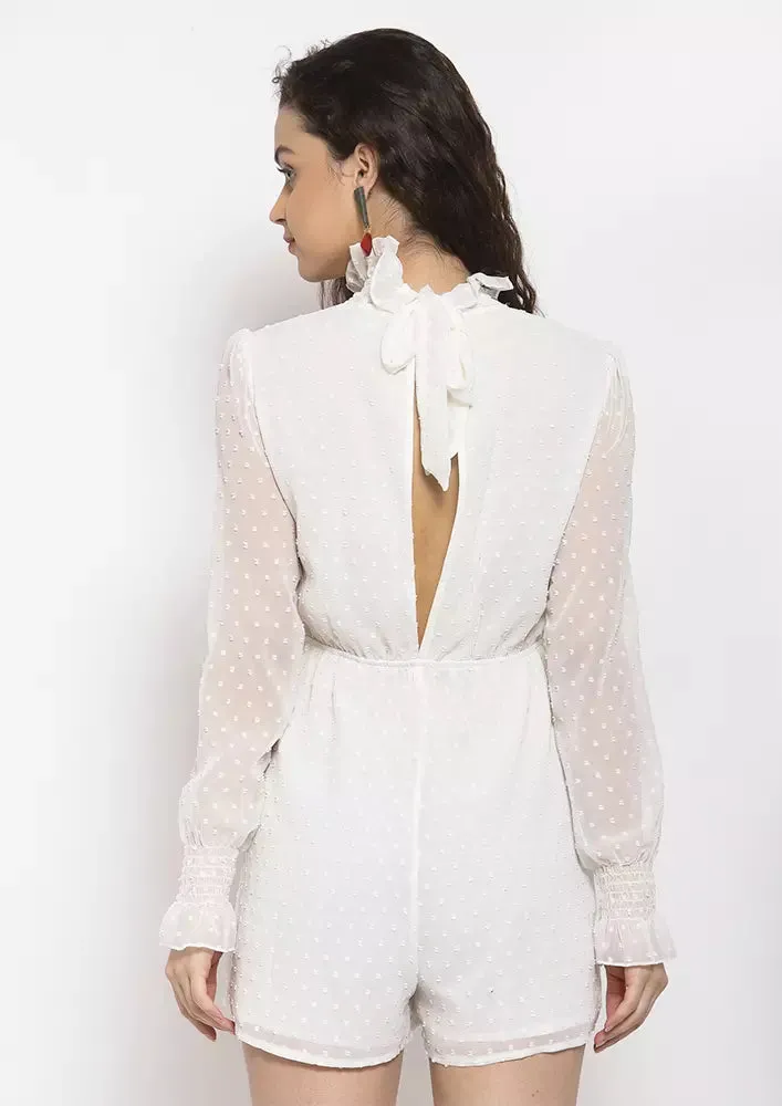 Dobby High Neck Romper With Smocking Trims