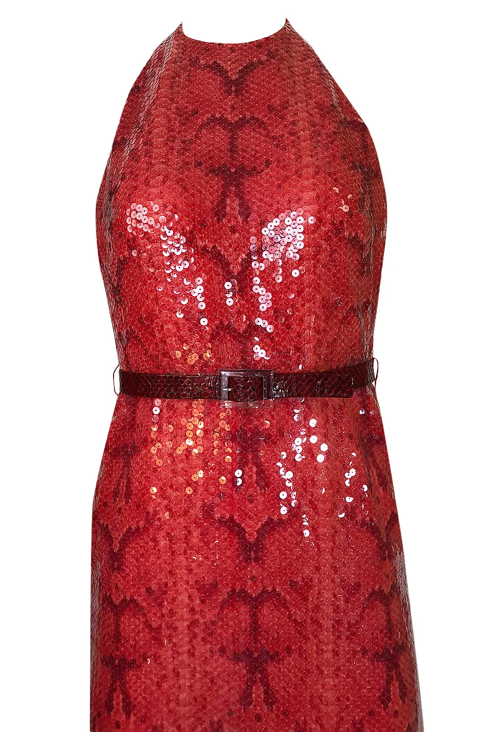 Documented 1974 Bill Blass Red Sequin Snakeskin Print Halter Dress