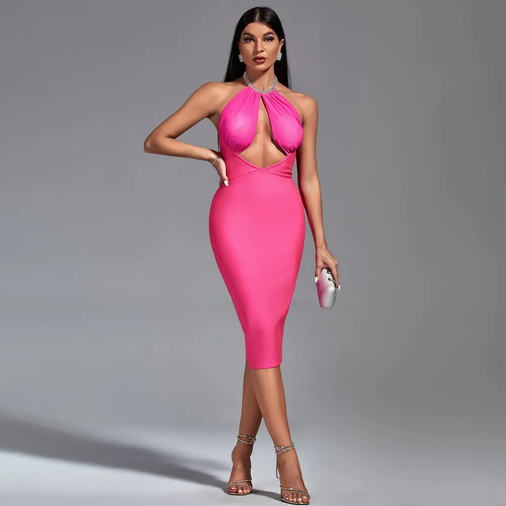 Drill Chain Halter Backless Bandage Dress