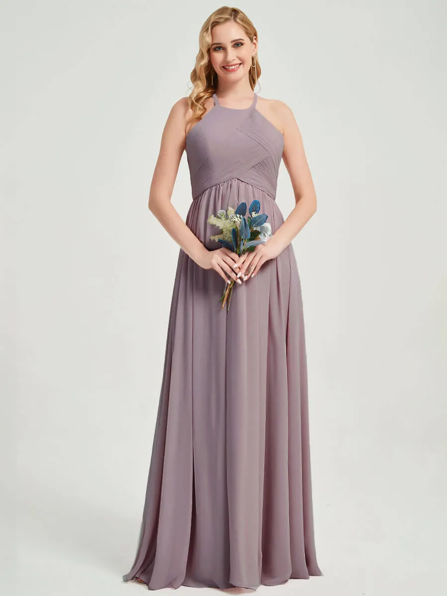 Dusk Halter Pleated Keyhole Back Chiffon Floor Length Bridesmaid Dress