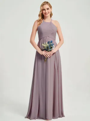 Dusk Halter Pleated Keyhole Back Chiffon Floor Length Bridesmaid Dress