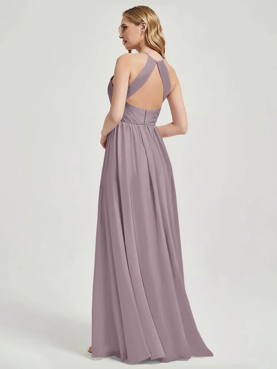 Dusk Halter Pleated Keyhole Back Chiffon Floor Length Bridesmaid Dress