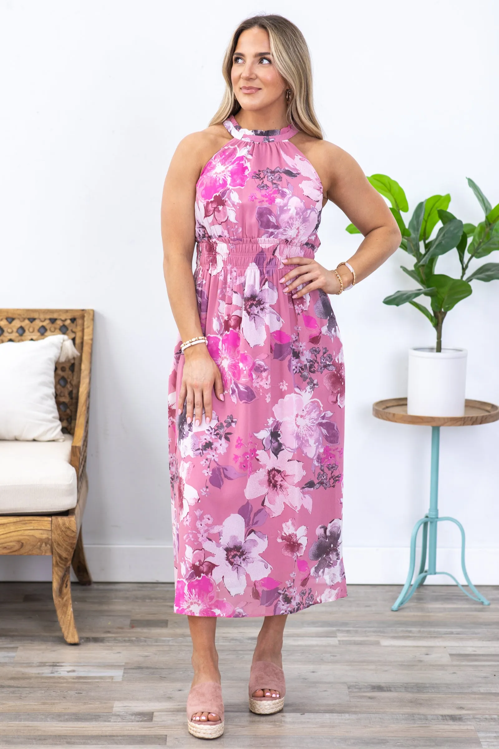 Dusty Pink Floral Chiffon Halter Maxi Dress