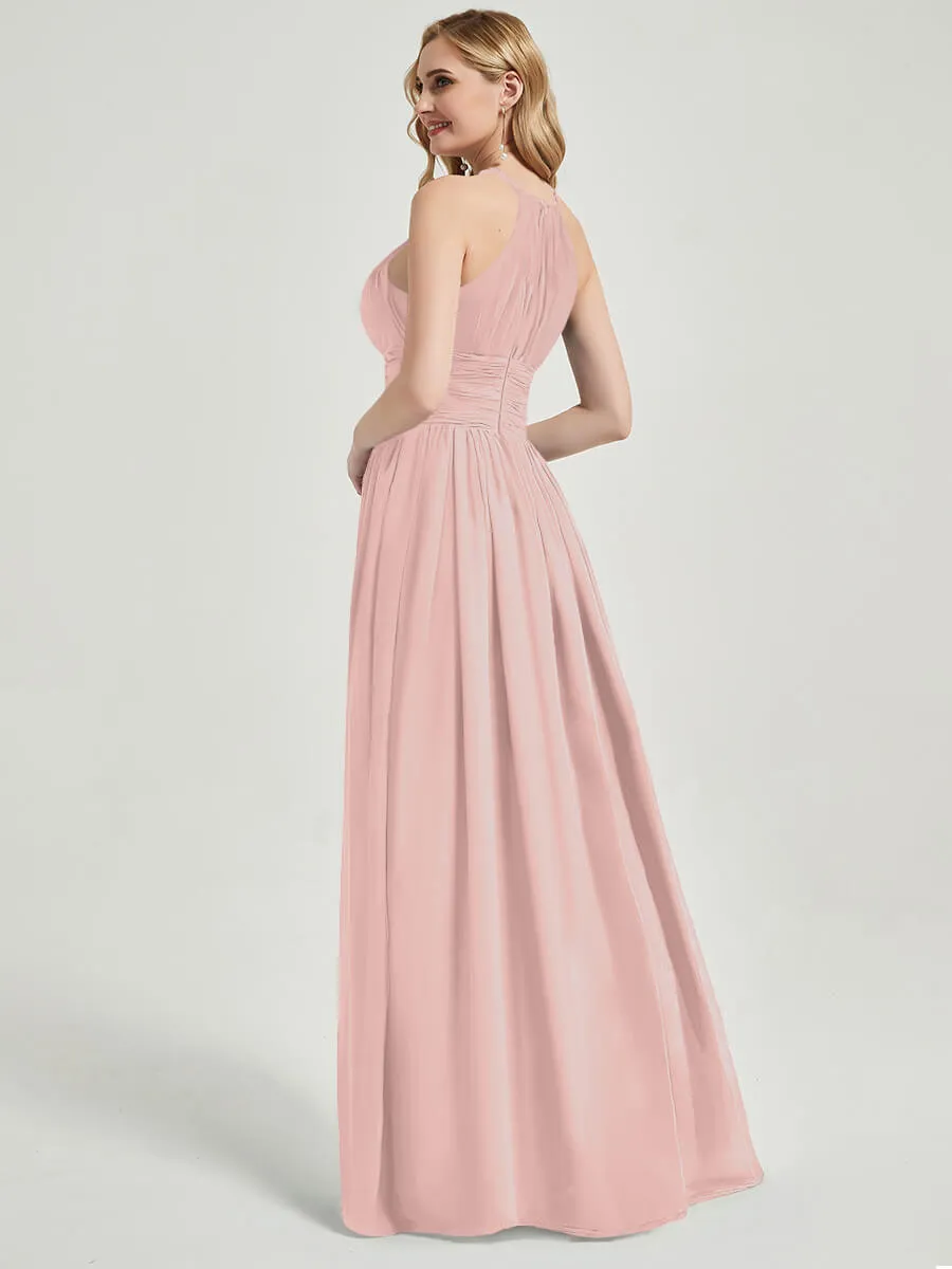 Dusty Pink Pleated Halter Sleeveless A-Line Chiffon Bridesmaid Dress
