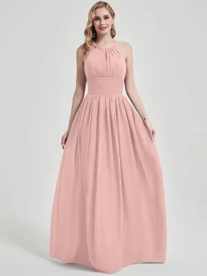 Dusty Pink Pleated Halter Sleeveless A-Line Chiffon Bridesmaid Dress