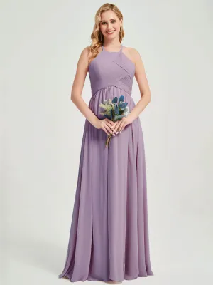 Dusty Purple Halter Pleated Keyhole Back Chiffon Bridesmaid Dress