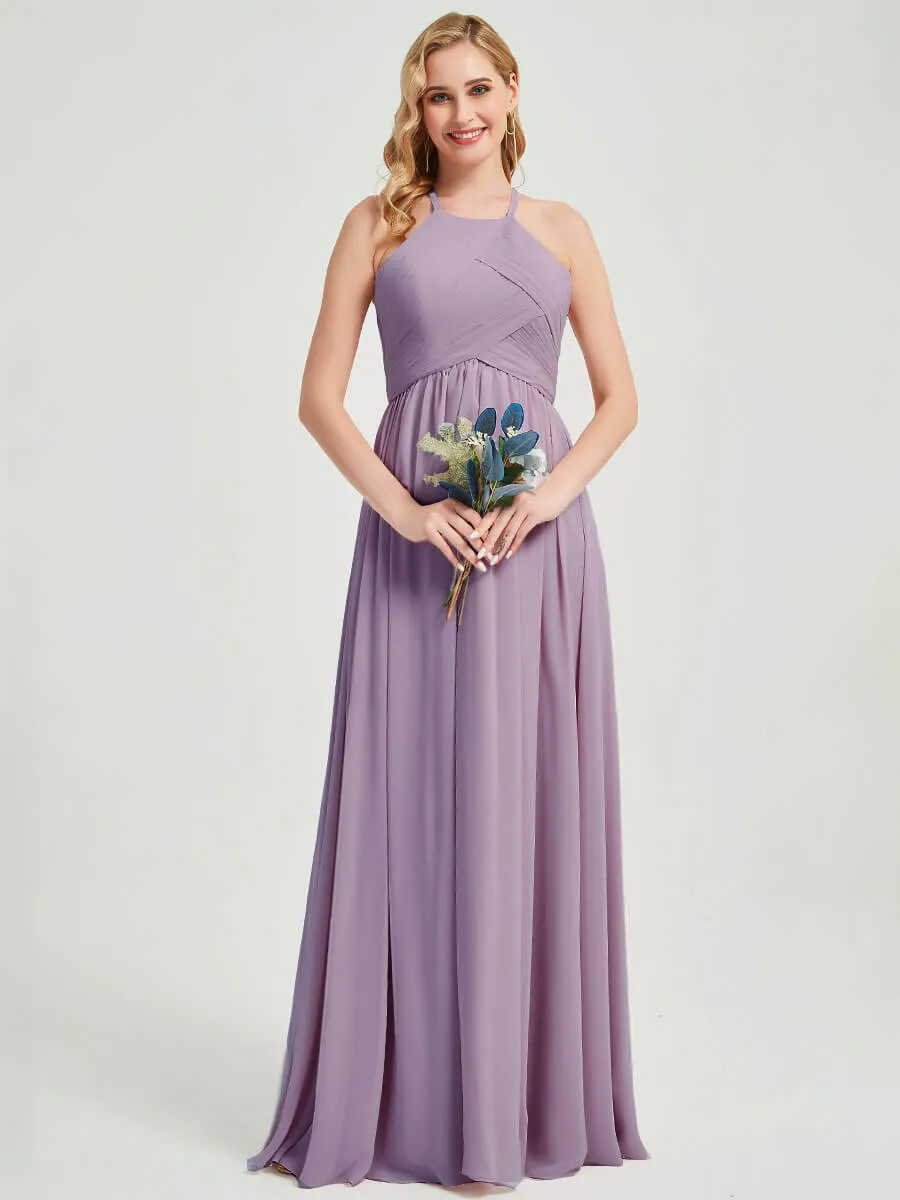 Dusty Purple Halter Pleated Keyhole Back Chiffon Bridesmaid Dress