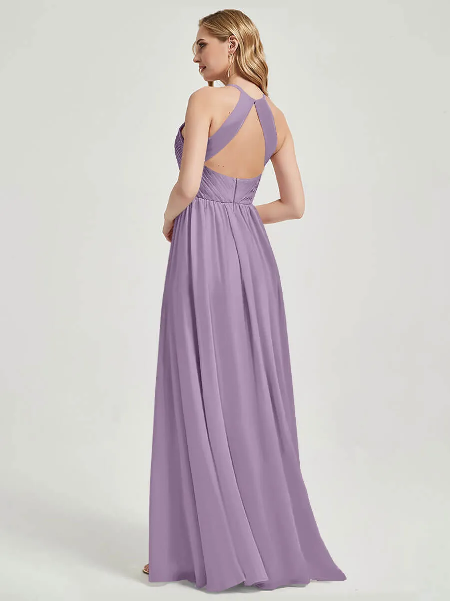 Dusty Purple Halter Pleated Keyhole Back Chiffon Bridesmaid Dress