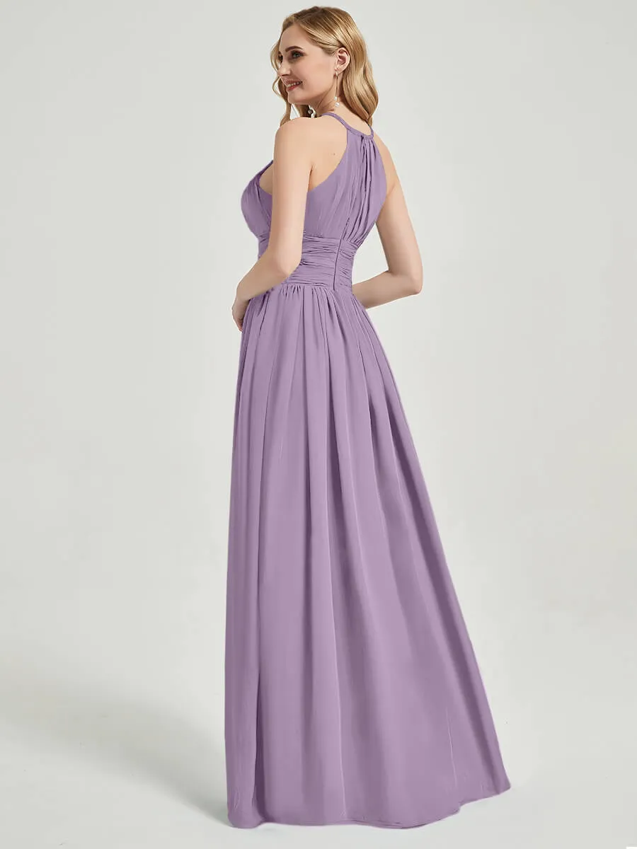 Dusty Purple Pleated Halter Sleeveless A-Line Chiffon Bridesmaid Dress