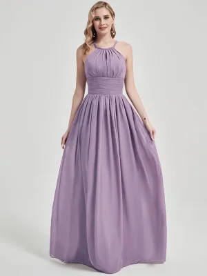 Dusty Purple Pleated Halter Sleeveless A-Line Chiffon Bridesmaid Dress