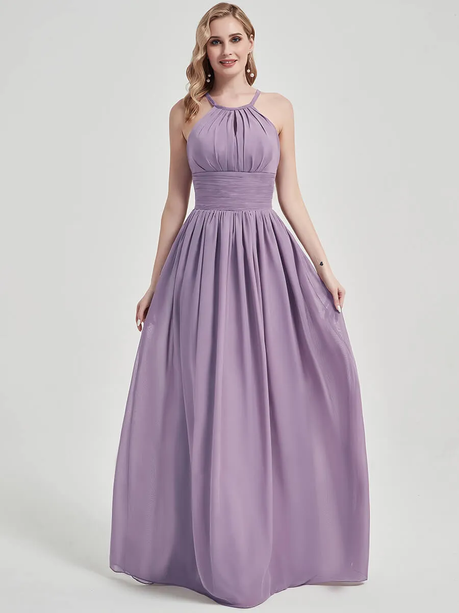 Dusty Purple Pleated Halter Sleeveless A-Line Chiffon Bridesmaid Dress
