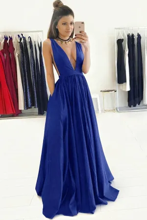 Elastic Satin Prom Dress 2020 Plunge V-Neck Long Party Dress