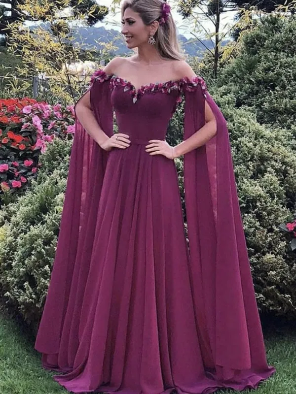 Elegant Floral Purple Chiffon Long Prom, Purple Formal Graduation Evening