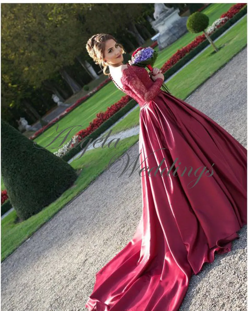 Elegant Lace Long Sleeve Burgundy Prom Dresses Ball Gown 2020