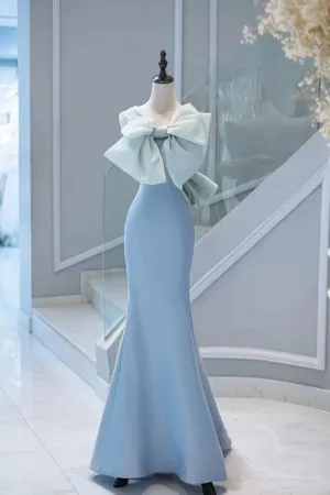 Elegant Light Blue Straps Mermaid Bowknot Long Formal Party Dress, DP3503