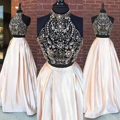 Elegant Two Pieces High Neck Beaded Long Prom Dresses PG513
