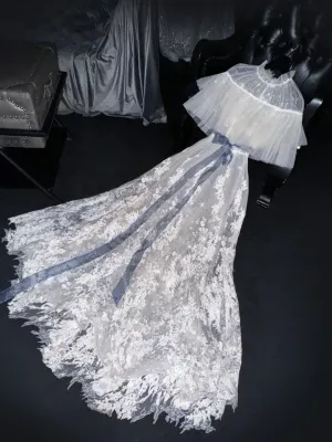 Elegant White A-Line Lace Tulle Long Party Dress Evening Gown Birthday Outfits, DP5308